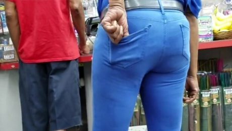 Ebony granny in blue pants