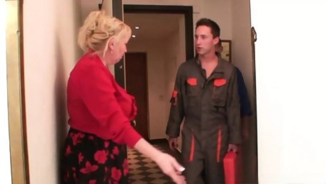 Hot threesome for busty blonde granny and two servicemen